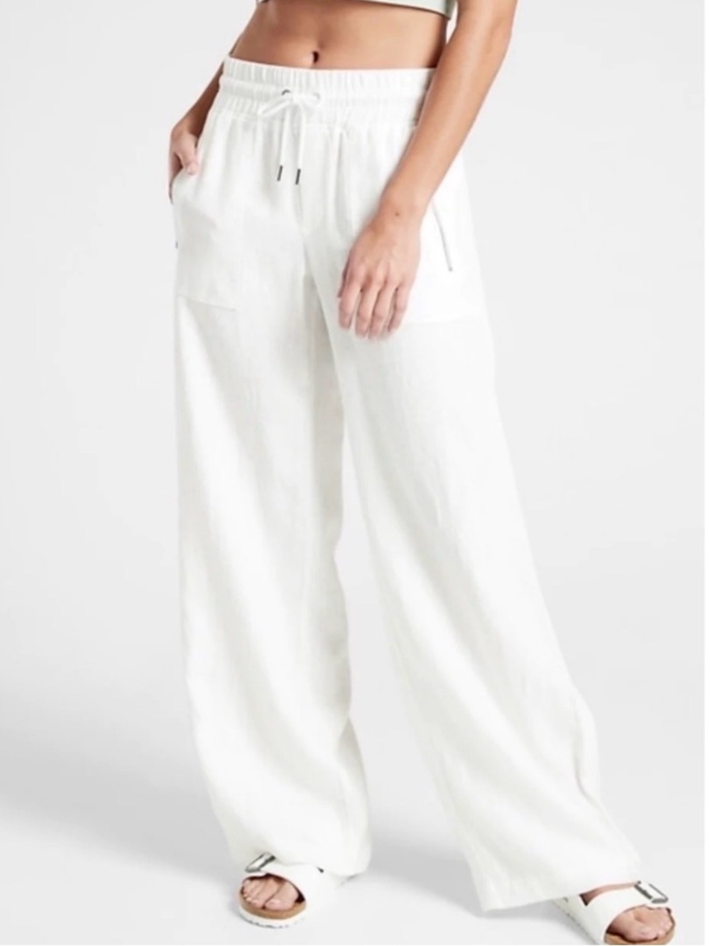 ATHLETA Cabo 100% Linen Wide Leg Pants 6 Tall White 35” Inseam EUC